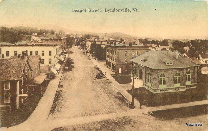 Hand colored Deapot Street birdseye view LYNDONVILLE, VERMONT Postcard 7011