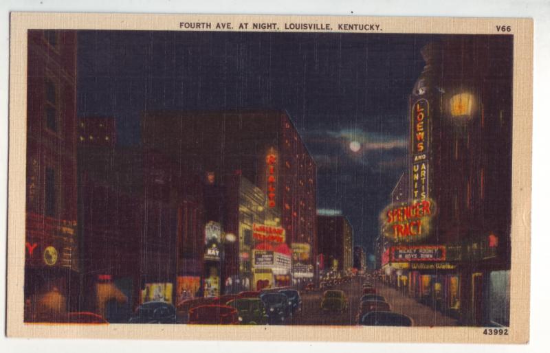 P827 old linen card night scene moon signs old cars etc 4th st louisville ky