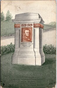 Postcard Abraham Lincoln Memorial Monument Lincoln Square Lowell, Massachusetts