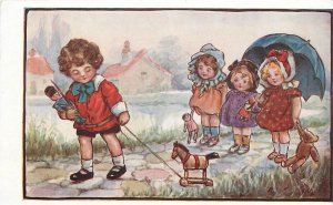 Postcard 1920s Children Pull toy horse teddy bear artist impression TP24-3861