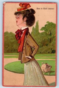 PFB Postcard Old Woman Little Hat Dog Embossed Dekalb Illinois IL 1910 Antique