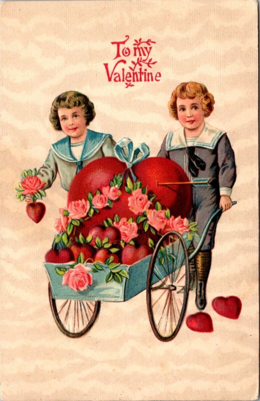 Valentine's Day PC Two Sailor Dressed Boys Pushing Cart of Hearts and Roses