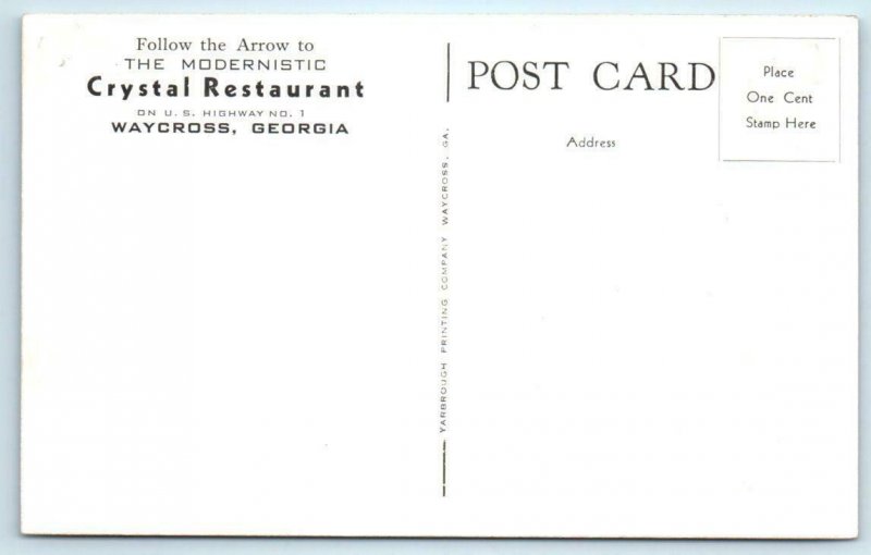 WAYCROSS, Georgia GA ~ Roadside CRYSTAL RESTAURANT Waitress c1940s Postcard 
