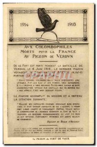 Postcard Old Pigeon Dove Colombophies To the dead for France Verdun Army