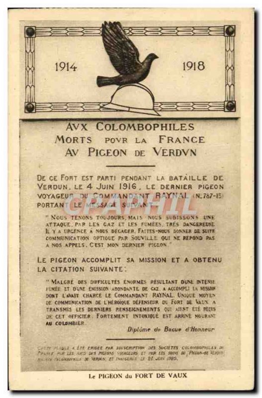 Postcard Old Pigeon Dove Colombophies To the dead for France Verdun Army