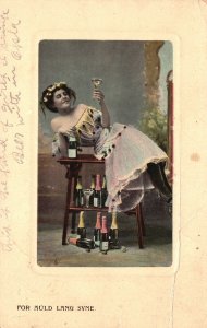 Vintage Postcard 1909 Beautiful Lady Drinking Wine In The Office Empty Bottles