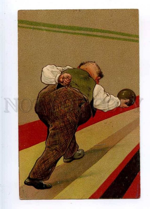 227161 Bald man play BOWLING Vintage embossed PFB Publ. PC