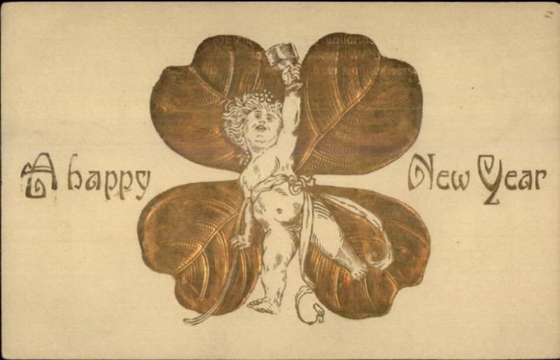 Baby New Year Toasting - Gold 4 Leaf Clover c1910 Postcard