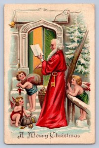 K10/ Santa Claus Christmas Postcard c1910 Key Cupids Snow Tree 64