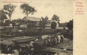french congo, Natives at Work with Boat (1900s) Postcard