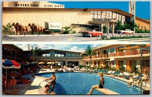Miami Beach Florida 1961 Postcard Desert Inn Motel Swimming Pool Cars Girl