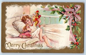 Christmas Postcard Children With Doll Holly Berries Embossed Gibbon Minnesota MN