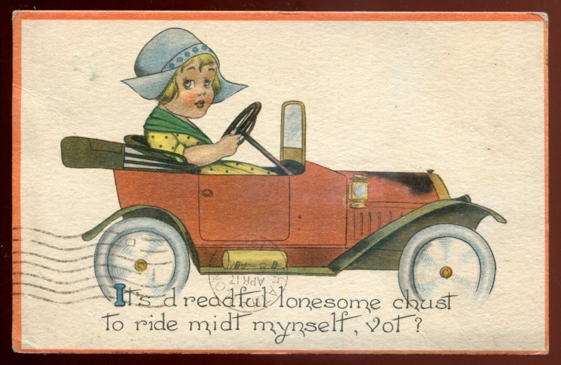 dc2038 - HUMOR Postcard 1913 Dutch Girl in Red Car