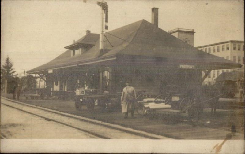 Freeport ME RR Train Station Depot c1910 Real Photo Postcard