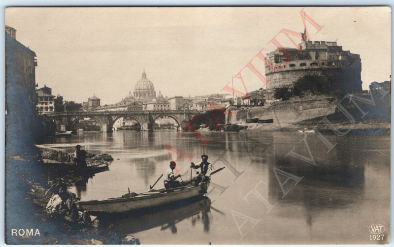 1927 Rome Italy RPPC Castel Sant'Angelo Real Photo River Fishing Boat Photo A163