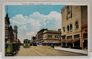 Alameda California Park Street, Trolley Car, Dug Store, Old Cars Postcard A19