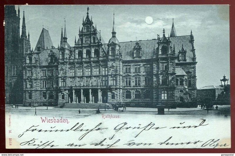 dc404 - GERMANY Gruss Aus Wiesbaden 1898 Moonshine Litho Rathhaus