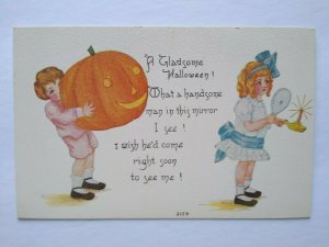 Vintage Halloween Postcard Boy Giant Pumpkin Girl Mirror 207 B FA Owen Unused