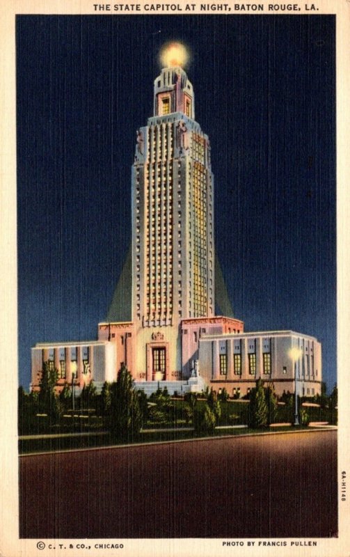 Louisiana Baton Rouge State Capitol Building At Night 1946 Curteich