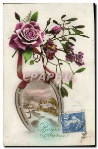 Postcard Old Bonne Annee Flowers Horseshoe