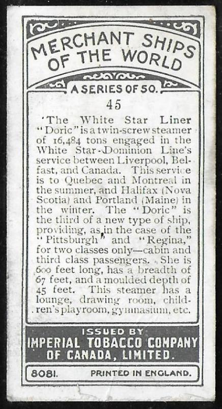 Canada 1924 Imperial Tobacco DORIC Ships ot the World Cigarettes Card