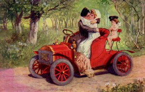 Romance - Couple kissing in Auto with Cupid sitting Behind - c1908