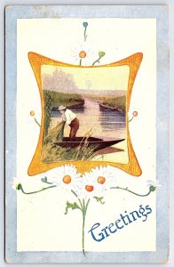 Vintage Postcard Greetings Card Woman Removing River Grass Watercolor Art Framed