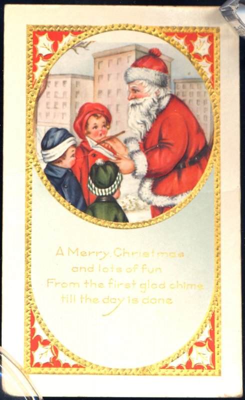 Whitney Christmas~SANTA CHECKS HIS LIST WHILE CHILDREN WAIT~Antique Postcard