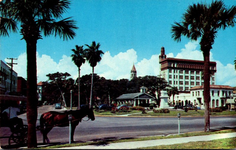 Florida St Augustine Street Scene With Horse Drawn Carriage 1955