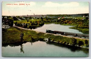 Derry New Hampshire~Harne Pond Birds Eye View~Houses~Train~Railroad~1905 PC