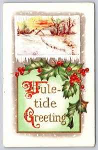 Whitney Made~Yuletide Greeting~Winter Farm Scene W/ Holly~Emb~Vintage Postcard