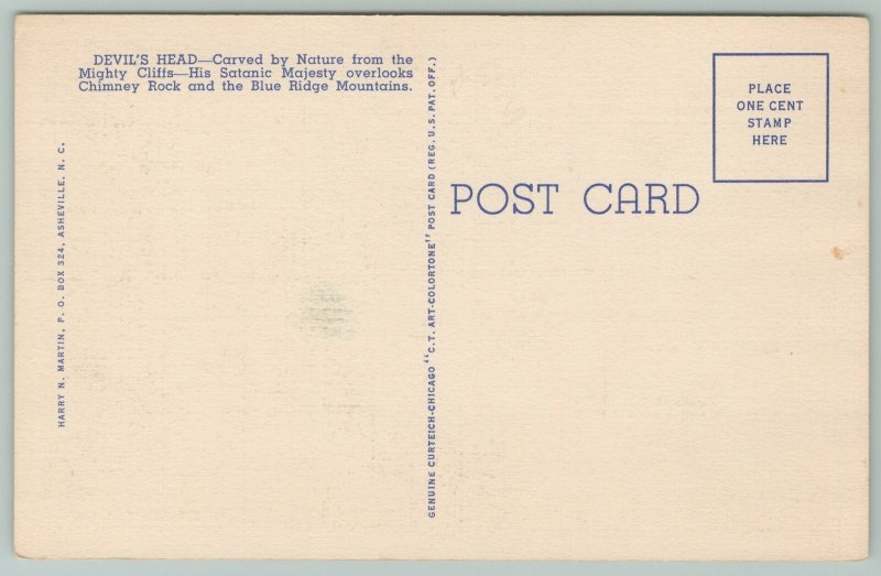 Chimney Rock Section North Carolina~Devil's Head~1940s Linen Postcard