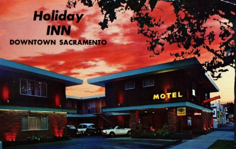 1950's Sunset Over Holiday Inn Sacramento, CA Postcard F84