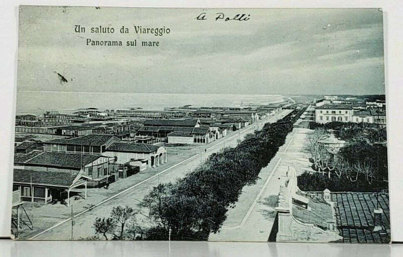 Italy Un Saluto da Viareggio Panorama sul mare 1909 to USA Postcard D19