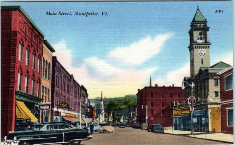 MONTPELIER, Vermont  VT    MAIN STREET Scene  ca 1950s Linen    Postcard