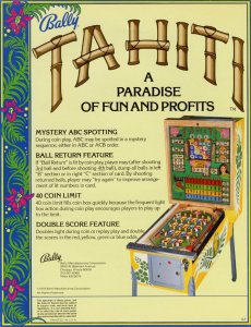 Tahiti Pinball FLYER Original 1979 NOS Bingo Game Artwork Sheet Tropical