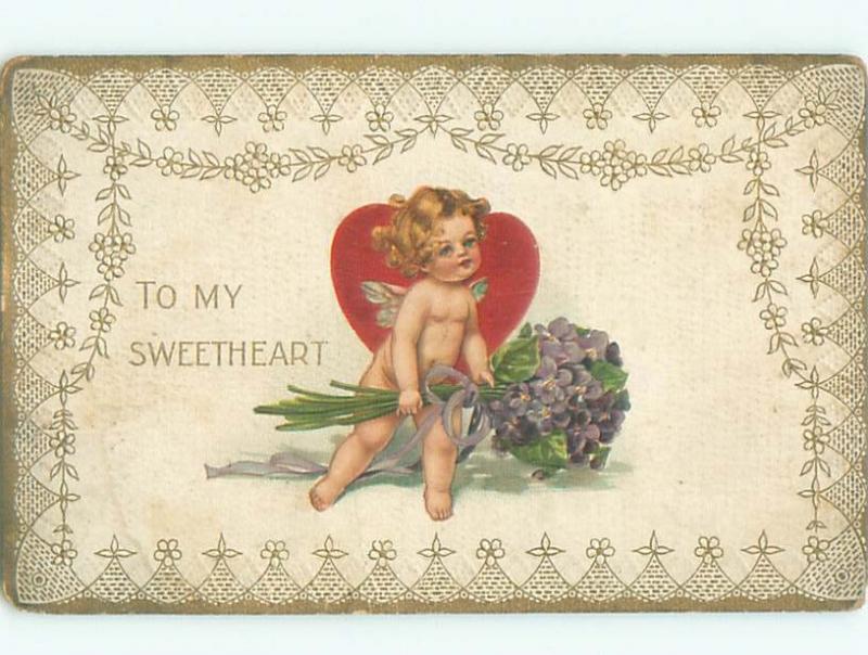 Pre-Linen Valentine CUPID HOLDING VIOLET FLOWER BOUQUET AC4352