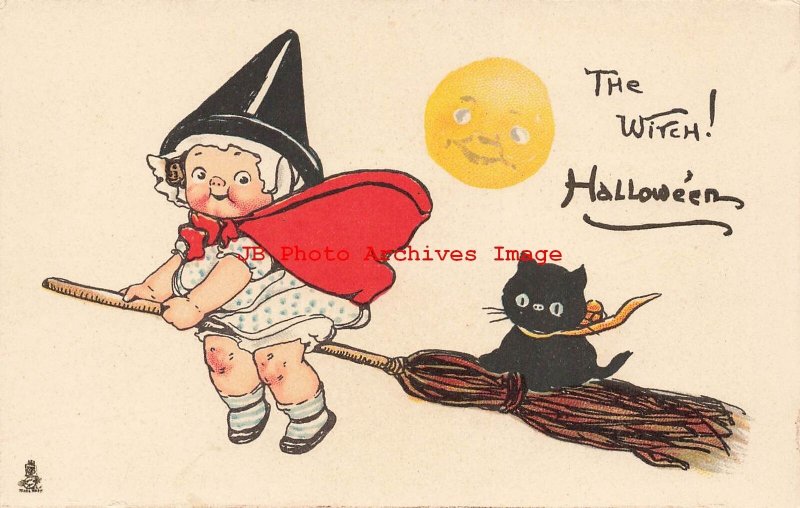 Halloween, Tuck No 807-4, Wiederseim, Young Witch & Black Cat Riding Broom 