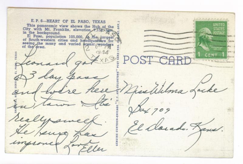 El Paso, Texas to El Dorado, Kansas 1944 used linen Postcard, Heart of El Paso