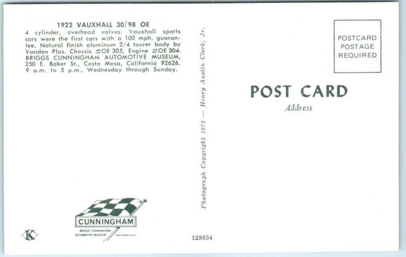 Postcard - 1922 Vauxhall 30/98 OE, Briggs Cunningham Automotive Museum - CA