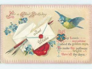 Pre-Linen BEAUTIFUL BLUE AND YELLOW BIRD WITH ANTIQUE INK PENS HL6065