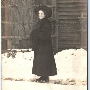 1910s Cute Young Lady Woman RPPC Outdoor Winter Smile Rustic Fashion Photo A173