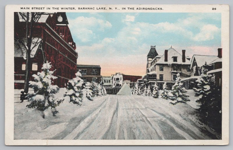 Saranac Lake New York Adirondacks~Main Street in Winter~Snow on Pines~1920s 