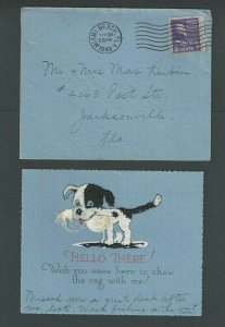 1940 Miami Beach FL Hello There Greeting Card W/Embossed Dog W/Rag Chew The Dog