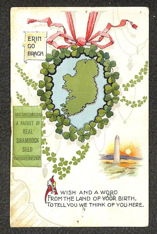 ST. PATRICKS DAY ERIN GO BRAGH SHAMROCK SEED PACKET IRELAND POSTCARD (c. 1910)