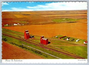 Harvest In Saskatchewan, Grain Elevators, Chrome Aerial View Postcard #2