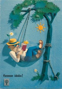 Comic funny Postcard Ideal Holiday man reading in hammock