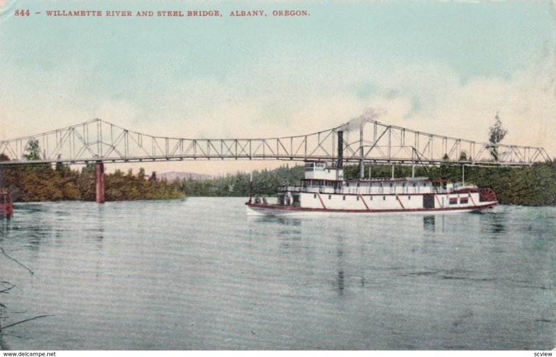 ALBANY, Oregon, 1900-1910's; Willamette River And Steel Bridge, Ship