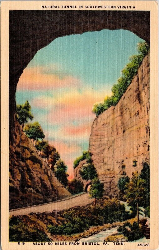 Natural Tunnel Southwestern Virginia VA Sunset Linen Postcard PM Cancel WOB Note 