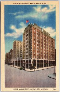 Union Bus Terminal And Pickwick Hotel 10th & McGee St. Kansas City MO Postcard